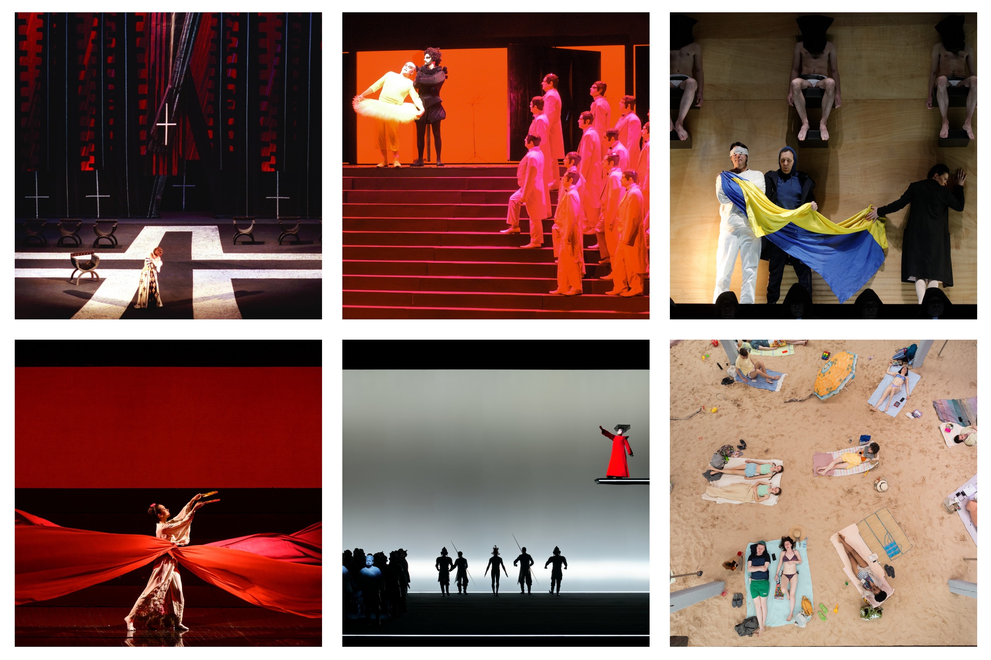 Collage of famous opera productions: “Don Carlos” (1981), “Rigoletto” (2003), “Don Carlos” (2016), “Madama Butterfly” (2006), “Turandot” (2019), “Sun & Sea (Marina)” (2017).