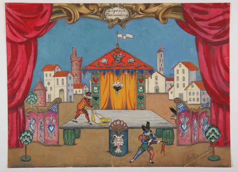 Olga Dubeneckienė-Kalpokienė. Scenovaizdžio eskizas Molière'o pjesei „Tariamasis ligonis“, 1928 m., Valstybės teatras
