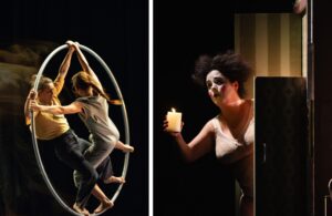 Akimirka iš šiuolaikinio cirko spektaklių „À mesure – Handle with care“ (kūrėjos „Accompany Me“) ir „Julieta“ (idėjos autorė ir atlikėja Gabriela Muñoz). (Šiuolaikinio cirko festivalis „Cirkuliacija“, 2024.) MF fotomontažas iš Donato Ališausko nuotraukų