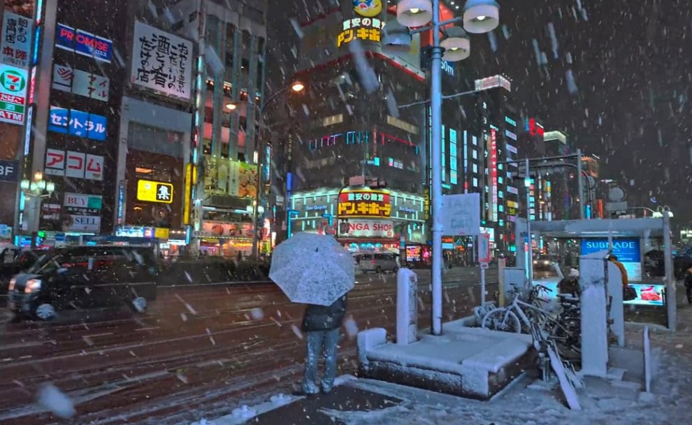 Akimirka iš „2 Hours of Heavy Snow Night Walk in Tokyo“. Iliustracija iš NDG archyvo