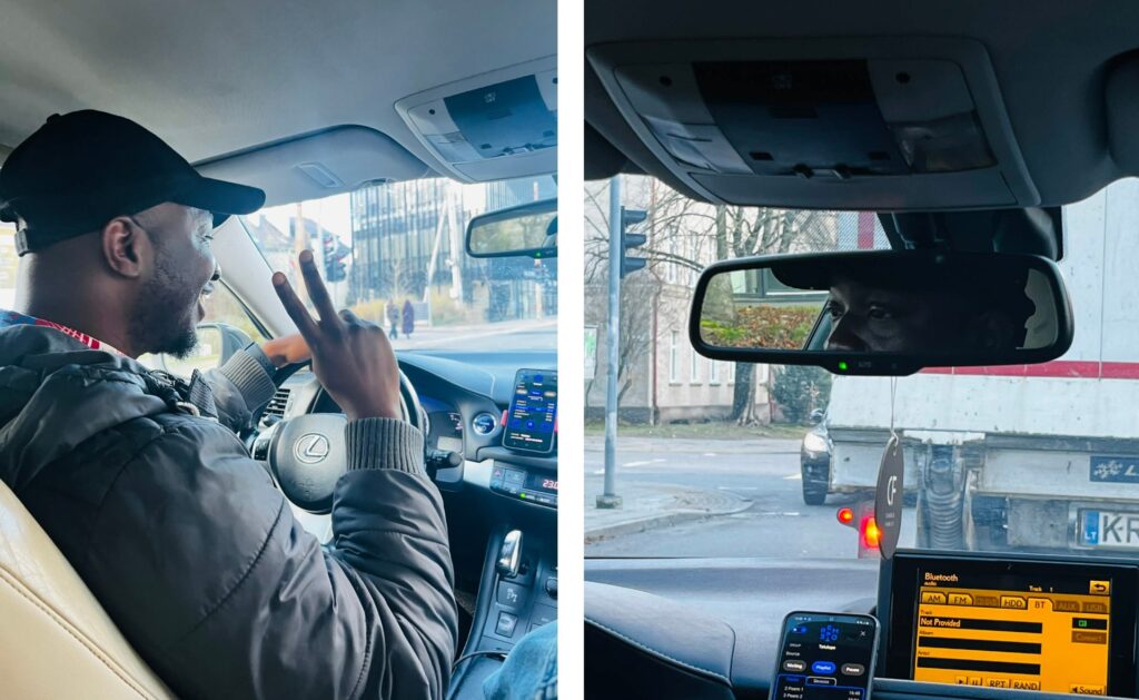 Akimirka iš patyriminio kūrinio „Taxi Vilnius“, dramaturgė Kristina Marija Kulinič, režisierius Mantas Jančiauskas. MF fotomontažas iš Ramunės Balevičiūtės nuotraukų