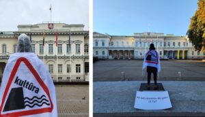 Kultūros bendruomenės akcija  S. Daukanto aikštėje: „Aš (at)stovėsiu iki galo. O tu?“. MF fotomontažas iš akcijos organizatorių nuotraukų archyvo