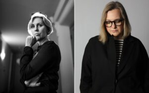 Lėlių spektaklio vaikams „Ponia Majer, paukštelė“ kūrėjos: režisierė Justina Jukonytė ir dailininkė Neringa Keršulytė. MF fotomontažas iš asmeninių archyvų nuotraukų