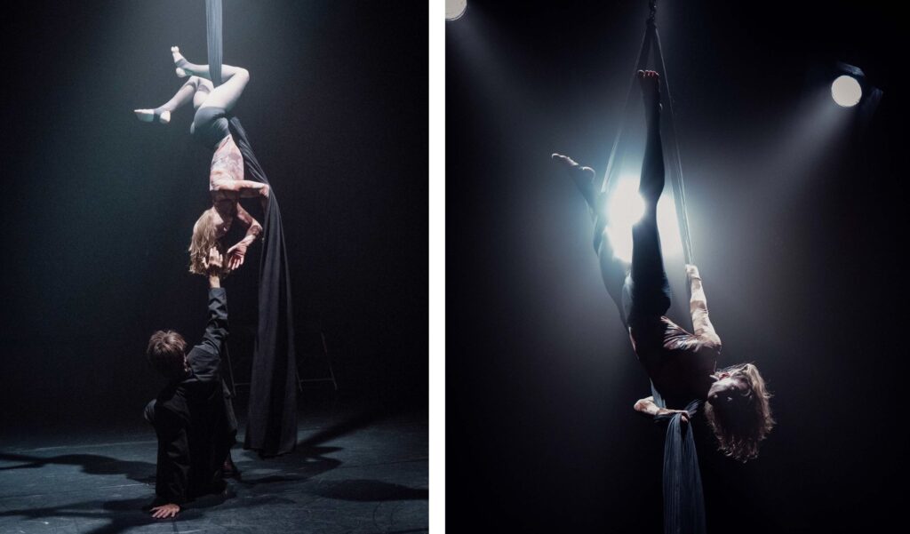 Akimirkos iš šiuolaikinio cirko spektaklio „psychē / pneuma“ eskizo, autorė ir atlikėja - Viktorija Žukauskaitė-Kankalė. MF fotomontažas iš Danieliaus Kalasausko nuotraukų