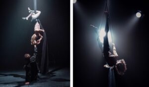 Akimirkos iš šiuolaikinio cirko spektaklio „psychē / pneuma“ eskizo, autorė ir atlikėja - Viktorija Žukauskaitė-Kankalė. MF fotomontažas iš Danieliaus Kalasausko nuotraukų