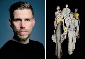Operos „Julijus Cezaris“ scenografas bei kostiumų dailininkas Sebastianas Ellrichas ir spektaklio kostiumų eskizas. MF fotomontažas iš KVMT archyvo iliustracijų